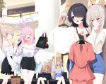  6+girls alternate_costume angel_wings animal_ears bag black_hair blonde_hair blue_archive blush breasts brown_eyes brown_hair casual cat_ears cleavage closed_eyes closed_mouth clothes_rack daran9 feathered_wings fox_ears grey_hair hair_bun hair_over_one_eye halo highres hinata_(blue_archive) holding holding_bag long_hair mall mari_(blue_archive) mika_(blue_archive) multiple_girls nagisa_(blue_archive) open_mouth pencil_skirt pink_hair ponytail red_eyes sakurako_(blue_archive) seia_(blue_archive) shopping_bag sitting skirt storefront wings yellow_halo 