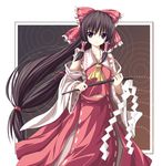  black_eyes black_hair bow brown_eyes brown_hair detached_sleeves gohei hair_tubes hakurei_reimu long_hair looking_at_viewer low-tied_long_hair simple_background smile solo touhou very_long_hair yukifuri 