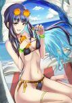  barefoot blue-tinted_eyewear colored_inner_hair eyewear_on_head facepaint fate/grand_order fate_(series) inugami86 multicolored_hair navel round_eyewear sunglasses swimsuit tenochtitlan_(fate) tinted_eyewear 