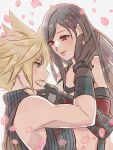  1boy 1girl bare_shoulders black_gloves black_hair blonde_hair blue_eyes blush brown_gloves brown_hair closed_mouth cloud_strife commentary_request couple crop_top earrings elbow_gloves falling_petals final_fantasy final_fantasy_vii final_fantasy_vii_rebirth final_fantasy_vii_remake fingerless_gloves gloves hand_on_another&#039;s_cheek hand_on_another&#039;s_face highres jewelry lips long_hair looking_at_another midriff parted_lips petals red_eyes rena_s1226 short_hair single_earring sleeveless sleeveless_turtleneck smile spiked_hair suspenders sweater tank_top tifa_lockhart turtleneck turtleneck_sweater upper_body white_tank_top 