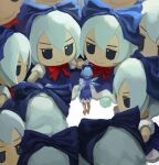  1girl barefoot blue_bow blue_dress blue_hair bow cirno commentary doll dress fumo_(doll) hair_bow highres ice ice_wings nvi2762 shirt short_hair short_sleeves solo standing surrounded touhou wings 