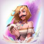  1girl absurdres angelmoonlight animal artist_name bare_shoulders black_hairband blonde_hair blue_eyes breasts cleavage cup detached_sleeves fake_facial_hair fake_mustache hairband hands_up highres holding holding_animal holding_cup jewelry league_of_legends lux_(league_of_legends) medium_breasts necklace off_shoulder pink_background poro_(league_of_legends) short_hair smile solo teeth 