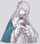  1girl anastasia_(fate) aqua_cape blue_eyes cape chuzenji closed_mouth commentary_request doll dress expressionless fate/grand_order fate_(series) fur-trimmed_cape fur_trim gem grey_hair highres holding holding_doll long_bangs long_hair long_sleeves looking_at_viewer simple_background solo upper_body viy_(fate) white_dress white_hair 
