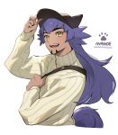  1boy :d absurdres alternate_costume black_hat commentary_request facial_hair happy hat highres holding_strap jewelry leon_(pokemon) long_hair long_sleeves male_focus necklace open_mouth paw_print pokemon pokemon_swsh purple_hair smile solo strap sweater tail teeth upper_body upper_teeth_only white_background yellow_sweater yunoru 