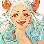  1girl ao_6336 aqua_hair close-up commentary_request earrings eyelashes hair_ornament highres horns jewelry multicolored_hair one_piece red_horns short_eyebrows sidelocks simple_background smile solo teeth upper_body upper_teeth_only white_background white_hair yamato_(one_piece) 