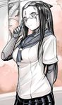  adjusting_eyewear black_hair blame! blame_gakuen! blush breasts facial_mark glasses large_breasts long_hair pcell school_uniform serafuku silicon_creature silver_eyes smile solo tsuda_nanafushi 