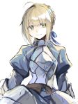  1girl ahoge armor armored_dress artoria_pendragon_(fate) blonde_hair blue_dress blue_ribbon brown_corset closed_mouth corset dress ezu_(e104mjd) fate/grand_order fate_(series) green_eyes grey_armor hair_between_eyes hair_bun hair_ribbon highres juliet_sleeves long_sleeves looking_to_the_side puffy_sleeves ribbon saber_(fate) short_hair sidelocks simple_background smile solo standing v-shaped_eyebrows white_background 