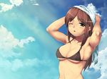  :&lt; armpits arms_up bikini blue_eyes blush breasts brown_hair cloud day long_hair medium_breasts one_eye_closed original sajipen sky solo swimsuit towel underboob undersized_clothes wet 