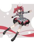  1girl blush boots bow cross-laced_footwear esy full_body hair_bow highres kasane_teto kasane_teto_(sv) lace-up_boots long_hair long_sleeves midriff open_mouth outstretched_arms red_eyes red_hair skirt solo synthesizer_v twintails utau 