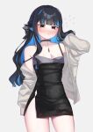  1girl alternate_costume black_dress black_hair blue_archive blue_hair blush breasts cleavage colored_inner_hair commission cosplay dress fate/grand_order fate_(series) grey_eyes highres kayoko_(blue_archive) kayoko_(dress)_(blue_archive) kayoko_(dress)_(blue_archive)_(cosplay) multicolored_hair onda_(wave_sometime) simple_background skeb_commission tenochtitlan_(fate) thighs upper_body white_background 