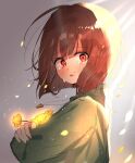  1other animification blush brown_hair chara_(undertale) crying crying_with_eyes_open flower golden_flower_(undertale) gradient_background green_sweater grey_background heart heart_necklace highres jewelry light looking_at_viewer necklace open_mouth petals red_eyes short_hair simple_background solo standing sweater tears turtleneck turtleneck_sweater undertale yuri_(miiiiikun0515) 