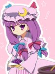  bad_id bad_pixiv_id blush bow cookie crescent food hair_ribbon hat long_hair patchouli_knowledge pink_bow purple_eyes purple_hair ribbon solo tonbi touhou white_day 