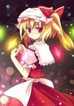  blonde_hair blush close-up face flandre_scarlet glowing hands hat looking_back one_side_up red_eyes renee solo touhou wings 