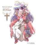  ahoge blush box dress full_body high_priest juliet_sleeves long_hair long_sleeves mary_janes puffy_sleeves ragnarok_online red_dress red_eyes red_hair shoes sitting solo text_focus thighhighs very_long_hair white_background 