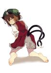  1girl absurdres angry animal_ear_piercing animal_ears barefoot bloomers blush brown_eyes brown_hair cat_ears cat_girl cat_tail chen commentary_request feet frilled_skirt frills from_behind full_body green_hat hair_between_eyes hat highres kneeling looking_at_viewer looking_back mob_cap multiple_tails open_mouth puffy_short_sleeves puffy_sleeves red_skirt red_vest seika_okawari shirt short_hair short_sleeves simple_background skirt soles solo straight_hair tail tail_raised toes touhou tsurime two_tails v-shaped_eyebrows vest white_background white_bloomers white_shirt 