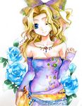  bare_shoulders blonde_hair blue_eyes bow cape detached_sleeves dress earrings final_fantasy final_fantasy_vi flower fragran0live hair_bow jewelry long_hair one_eye_closed ribbon solo tina_branford traditional_media watercolor_(medium) 