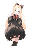  1girl abigail_williams_(fate) absurdres black_bow black_dress black_thighhighs blonde_hair blue_eyes blush bow bug butterfly closed_mouth commentary_request dress fate/grand_order fate_(series) feet_out_of_frame forehead hair_bun hands_up head_tilt highres long_hair long_sleeves looking_at_viewer orange_bow parted_bangs puffy_long_sleeves puffy_sleeves simple_background single_side_bun smile solo thighhighs very_long_hair white_background yukaa 