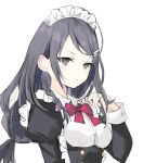  1girl artist_request black_eyes black_hair bow bowtie braid breasts closed_mouth commentary_request frown hair_ornament hair_tie hairclip hand_up highres kimishima_ayano light_blush long_hair maid maid_headdress red_bow red_bowtie simple_background sketch solo tokidoki_bosotto_roshia-go_de_dereru_tonari_no_arya-san white_background wing_collar 