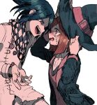 1boy 1girl absurdres arm_belt belt belt_buckle black_hair black_hat black_jacket black_scarf black_sleeves blazer blunt_ends blush buckle buttons chain checkered_clothes checkered_scarf coattails collar collared_jacket collared_shirt commentary_request cowboy_shot crying crying_with_eyes_open danganronpa_(series) danganronpa_v3:_killing_harmony denim double-breasted eye_contact eyelashes face-to-face fingernails furrowed_brow hand_on_another&#039;s_headwear hand_on_headwear hat hat_belt highres jacket jeans layered_sleeves long_sleeves looking_at_another multicolored_buttons multiple_belts oma_kokichi open_mouth outstretched_hand pants pink_belt pink_collar pink_vest pocket purple_eyes red_eyes red_hair sarami_(sa_rami30) scarf shirt short_hair simple_background smile teardrop tears teeth thigh_belt thigh_strap torn_clothes torn_jeans torn_pants two-tone_scarf upper_teeth_only v-neck vest white_background white_belt white_jacket white_pants white_scarf white_shirt white_sleeves wide-eyed witch_hat yumeno_himiko 