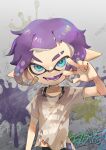  1girl :d arm_at_side blue_eyes colored_tongue eyebrow_cut graffiti grey_shirt hand_up highres inkling_girl inkling_player_character koike3582 open_mouth paint_splatter pointy_ears purple_hair purple_tongue shirt short_hair short_sleeves smile solo splatoon_(series) tentacle_hair torn_clothes torn_shirt 