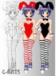  alternate_color animal_ears black_eyes blue_hair bunny_ears bunnysuit copyright_request maguta outline red_eyes shoes short_hair sneakers striped striped_legwear thighhighs 