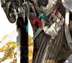  glowing glowing_eyes izanagi jacket kasu_(pixiv108801) male_focus persona persona_4 robot solo sword weapon yellow_eyes zipper 