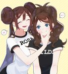  2girls :d :i alternate_costume black_shirt blush brown_hair closed_eyes closed_mouth commentary_request double_bun hair_bun heart highres hilda_(pokemon) kana_(kanna_runa0620) long_hair lower_teeth_only multiple_girls nail_polish open_mouth pokemon pokemon_bw pokemon_bw2 rosa_(pokemon) shirt short_sleeves smile spoken_blush spoken_heart t-shirt teeth twintails upper_body white_shirt yellow_background 