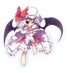  ascot barefoot bat_wings bow bracelet capelet chibi curiosities_of_lotus_asia dress fang feet hat highres jewelry looking_at_viewer red_eyes remilia_scarlet ribbon silver_hair solo take_tonbo touhou vampire white_dress wings 