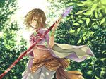  annie_barrs bracelet brown_hair bush earrings flipped_hair foliage green_eyes jewelry midriff polearm short_hair spear staff sugano_manami tales_of_(series) tales_of_rebirth very_short_hair weapon 