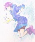  1girl blue_eyes colored_eyelashes from_side full_body gloves hood hooded_dress hoodie kumatora mother_(game) mother_3 n-pitt painting_(medium) pink_hair purple_hood purple_hoodie short_hair shorts solo traditional_media watercolor_(medium) 