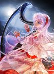  bangs blue_eyes cloak dress fantasy floating_hair from_behind full_moon hairband harp instrument jane_mere long_hair long_sleeves looking_afar megurine_luka moon music night night_sky pink_hair playing_instrument see-through singing sitting sky solo straight_hair very_long_hair vocaloid 