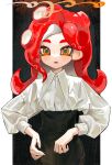  1girl absurdres black_skirt border cephalopod_eyes collared_shirt commentary fang green_pupils highres kumo_(kumo_hsc0216) light_blush long_hair long_sleeves looking_at_viewer octoling octoling_girl octoling_player_character open_mouth orange_eyes outside_border pillarboxed puffy_long_sleeves puffy_sleeves red_hair shirt shirt_tucked_in skirt solo splatoon_(series) suction_cups sweat symbol-only_commentary tentacle_hair upper_body white_border white_shirt 