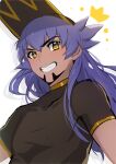  1boy absurdres blush commentary_request covered_collarbone eyelashes facial_hair grin hat highres leon_(pokemon) long_hair looking_at_viewer male_focus pokemon pokemon_swsh purple_hair shirt short_sleeves smile solo teeth upper_body yellow_eyes yunoru 