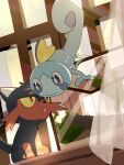  blue_eyes bright_pupils closed_mouth commentary_request curtains eye_contact highres litten looking_at_another no_humans open_mouth pokemon pokemon_(creature) sitting smile sobble suikaels white_pupils 