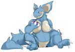 anthro big_breasts blue_eyes blush breasts claws curvy_figure eating featureless_breasts female food fruit generation_1_pokemon genitals holding_food holding_object horn huge_breasts mature_female nidoqueen nintendo nude plant pokemon pokemon_(species) pussy semi-anthro simple_background sitting sitting_on_ground slightly_chubby solo spread_legs spreading voluptuous white_background wide_hips yamabat