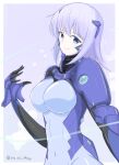  1girl blue_bodysuit blue_eyes bodysuit breasts cryska_barchenowa fortified_suit highres impossible_bodysuit impossible_clothes large_breasts looking_at_viewer muv-luv muv-luv_alternative muv-luv_total_eclipse pilot_suit sin_sin_shinji skin_tight smile solo white_hair 