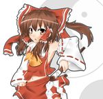  armpits brown_eyes brown_hair detached_sleeves gohei hakurei_reimu midriff navel solo surikogi touhou 