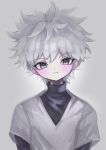  1boy :3 black_shirt closed_mouth grey_background highres layered_sleeves long_sleeves looking_at_viewer male_focus original shiona_(siona0625) shirt short_hair short_over_long_sleeves short_sleeves simple_background smile solo turtleneck upper_body v-neck very_short_hair white_hair white_shirt 