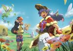  2boys :d absurdres cape champion_uniform charizard cloud commentary_request dark-skinned_male dark_skin day dreepy duraludon falling_petals flower flygon fur-trimmed_cape fur_trim goomy grass headband highres hood hoodie knees leggings leon_(pokemon) male_focus multiple_boys open_mouth orange_headband outdoors petals pokemon pokemon_(creature) pokemon_swsh raihan_(pokemon) red_cape shirt shorts sky smile standing teeth tent torkoal white_leggings white_shorts wristband yunoru 