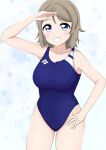  1girl absurdres blue_eyes blush breasts brown_hair highres k66321408 looking_at_viewer love_live! love_live!_sunshine!! one-piece_swimsuit salute short_hair simple_background smile solo swimsuit thighs watanabe_you wavy_hair 