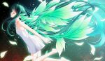  1girl bare_shoulders barefoot breasts closed_eyes dolphinjet dress floating_hair green_hair green_wings highres long_hair parted_lips petals profile saya_(saya_no_uta) saya_no_uta small_breasts solo transformation very_long_hair white_dress wings 