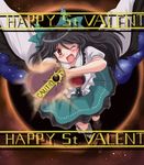  black_hair bow cape chocolate flx green_bow hair_bow happy_valentine long_hair one_eye_closed red_eyes reiuji_utsuho solo touhou valentine wings 