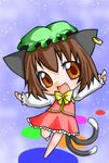 animal_ears bad_id bad_pixiv_id brown_eyes brown_hair cat_ears cat_tail chen chibi colorized earrings hat jewelry lowres nagamo_sakana norun short_hair solo tail touhou 