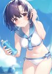  1girl absurdres bare_shoulders bikini black_hair blue_bow blue_neckerchief blue_sailor_collar blue_sky blurry blurry_background blush border bottle bow breasts brown_eyes bucket closed_mouth collarbone commission cowboy_shot day dot_nose hand_up highres hiraga_matsuri holding holding_bottle idolmaster idolmaster_cinderella_girls idolmaster_cinderella_girls_starlight_stage leaning_forward looking_at_viewer navel neckerchief outdoors outside_border sailor_bikini sailor_collar sailor_swimsuit_(idolmaster) shiragiku_hotaru short_hair shy side-tie_bikini_bottom skeb_commission sky small_breasts smile solo sparkle standing swimsuit water_drop wet wet_bikini wet_hair white_bikini white_border 
