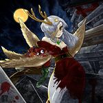  antlers asymmetrical_wings bad_id bad_pixiv_id bat_wings blood breasts chimera cleavage eyes hair_over_one_eye highres horns japanese_clothes kikukawa_norihiko kimono long_hair magatama medium_breasts night original solo tail torii white_hair wings yellow_eyes 