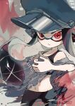  1girl agent_3_(splatoon) black_hair blue_hat closed_mouth cowboy_shot cross-shaped_pupils frown groin hat headgear highres inkling inkling_girl inkling_player_character koike3582 long_hair mismatched_pupils navel no_nose patchwork_clothes peaked_cap poncho red_eyes solo splatoon_(series) splatoon_3 symbol-shaped_pupils tentacle_hair torn_clothes twitter_username 