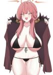  1girl aru_(blue_archive) ayumu_(ayumu3659) bikini black_bikini blue_archive blush breasts brown_coat cleavage coat coat_on_shoulders fur-trimmed_coat fur_trim halo highres horns large_breasts long_hair navel open_mouth pink_hair smile swimsuit thighs yellow_eyes 