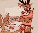 2024 anthro antlers balls biped bottomwear bottomwear_down brown_body brown_fur canid canine canis cantio_(lawyerdog) clothed clothing coyote deer digital_media_(artwork) duo ear_twitch english_text flaccid fur genitals hand_on_penis horn humanoid_genitalia humanoid_penis lawyerdog male male/male mammal multicolored_body multicolored_fur panko_(lawyerdog) pants pants_down partially_clothed penis smile tan_body tan_fur text white_balls white_body white_fur
