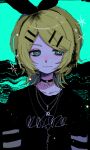  1girl arms_at_sides black_choker blonde_hair bow choker closed_mouth collarbone emo_fashion eyeshadow green_eyes hair_bow hair_ornament hairpin headphones highres kagamine_rin long_sleeves looking_at_viewer makeup multiple_hairpins multiple_necklaces o-ring o-ring_choker octopachi pink_eyeshadow short_hair sketch smile solo sparkle star_(symbol) upper_body vocaloid 