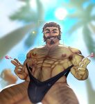  1boy abs armpit_hair armpit_hair_peek bara black_male_swimwear bulge chest_hair facial_hair from_below graves_(league_of_legends) hair_slicked_back hairy heart highres large_pectorals league_of_legends looking_at_viewer male_focus male_swimwear male_swimwear_lift mature_male muscular muscular_male navel nipples pectorals renishi9 seductive_smile short_hair smile solo standing stomach swim_briefs thick_arm_hair thick_chest_hair thick_eyebrows thick_leg_hair thick_navel_hair thick_thighs thighs topless_male very_hairy viewfinder 